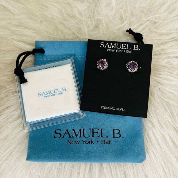 Samuel B. Sterling Silver Beaded Border Round Amethyst Stud Earrings, Silver NWT - Picture 1 of 13